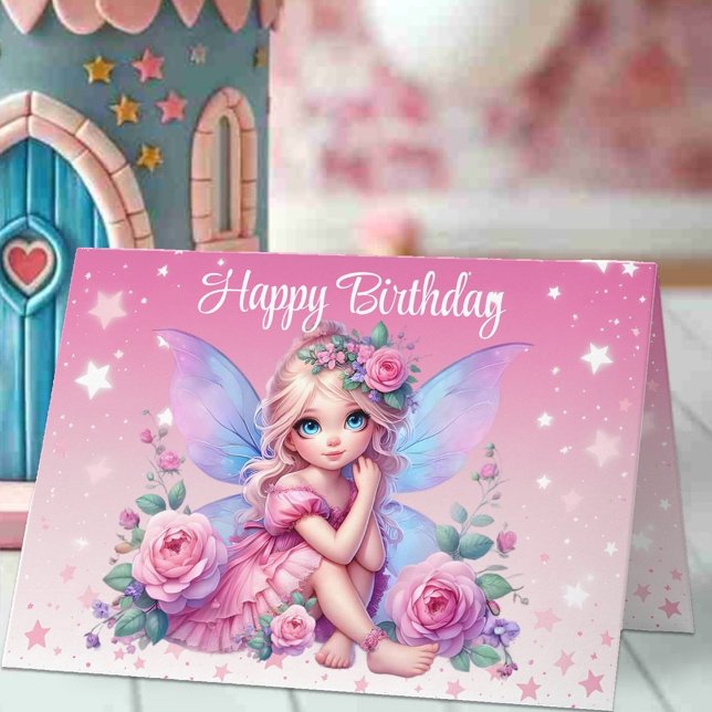 Sweet Fairy Child with Pink Roses Happy Birthday Card (Creator Uploaded)