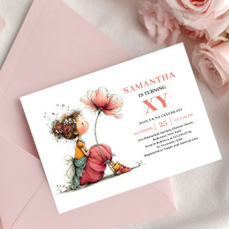 Sweet Fairy Girl 4th Birthday Pink Floral invite