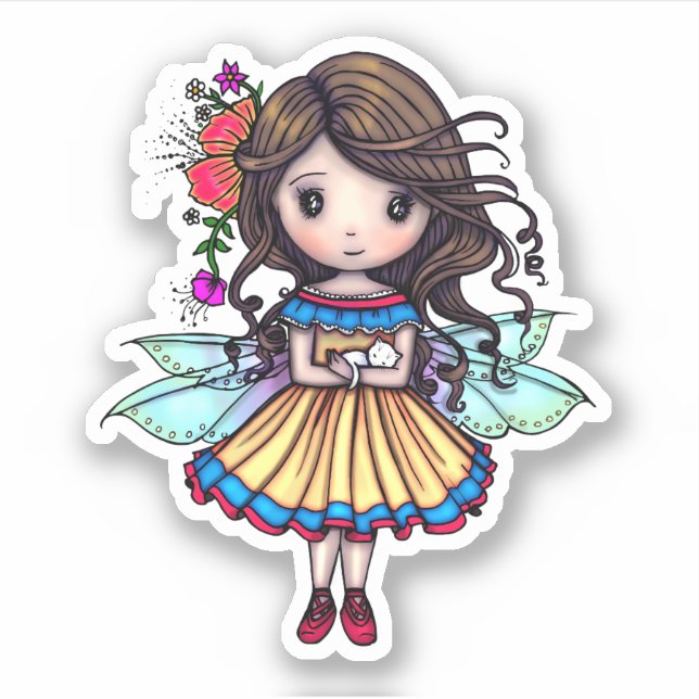 Sweet Fairy holding White Kitten Illustration (Front)
