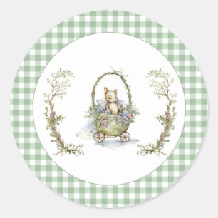Sweet Fairytale Animal Green Gingham Baby Shower Classic Round Sticker