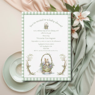 Sweet Fairytale Animal Green Gingham Baby Shower Invitation