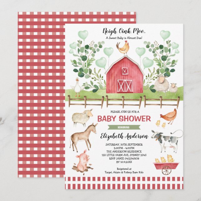 Sweet Farm Animals Barnyard Baby Shower Invitation (Front/Back)