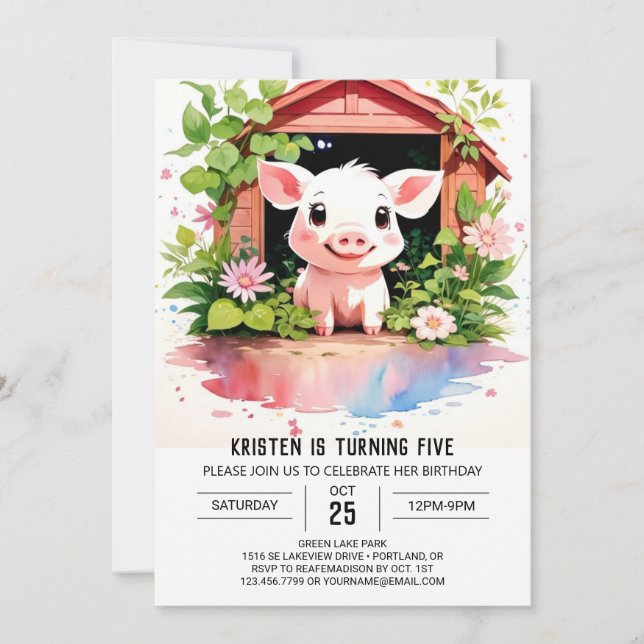 Sweet Farmyard Blooms Boho Pig Girl Birthday Invitation (Front)