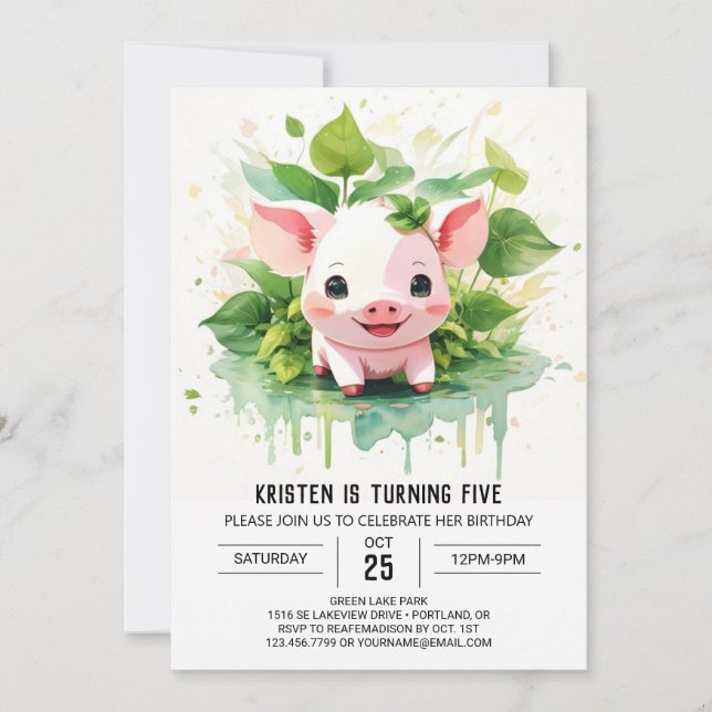 Sweet Farmyard Friends Boho Pig Girl Birthday Invitation (Front)