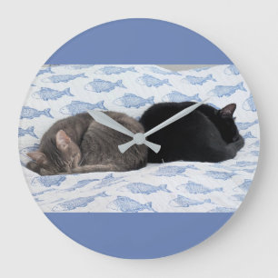 Sweet Feline Dreams Among Blue Fish Large Clock