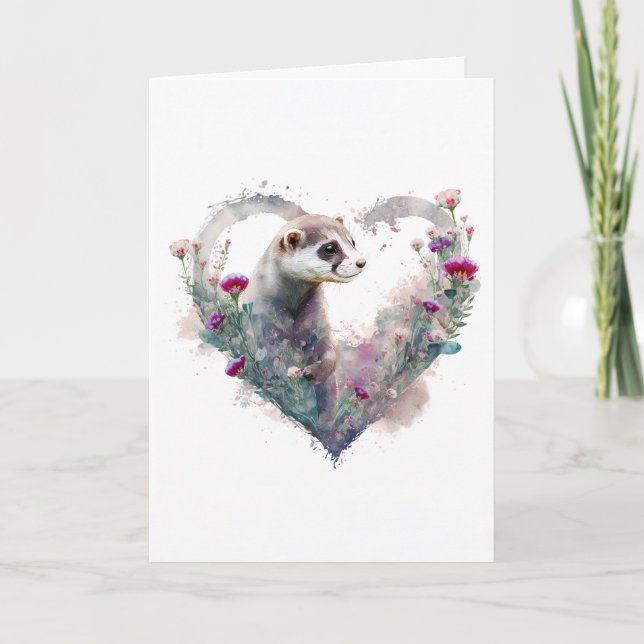 Sweet Ferret in Colourful Flowers Valentine's Day Holiday Card (Front)