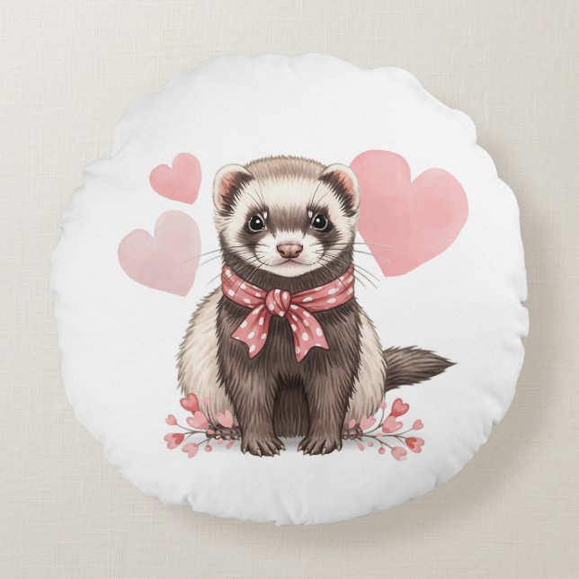 Sweet Ferret Kawaii Pink Hearts Round Cushion (Front)