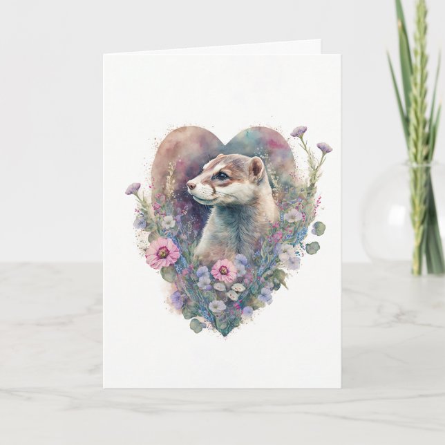 Sweet Ferret with Pink Flowers for Valentine's Day Holiday Card (Front)