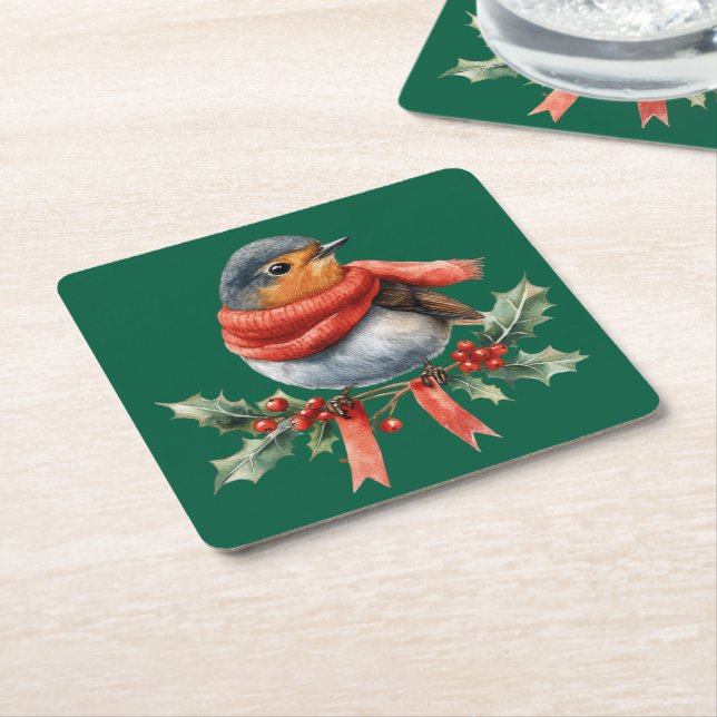 Sweet Festive Bird Square Paper Coaster (Angled)