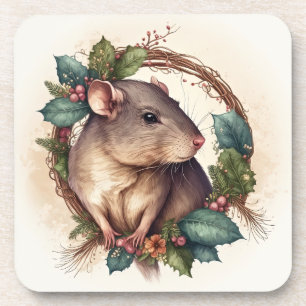 Sweet Festive Pet Rat Holidays/Christmas Beverage Coaster