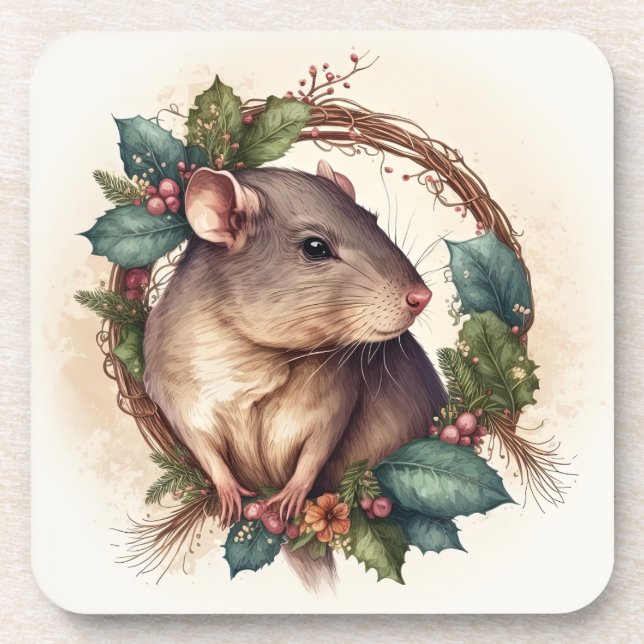 Sweet Festive Pet Rat Holidays/Christmas Beverage  Coaster (Front)