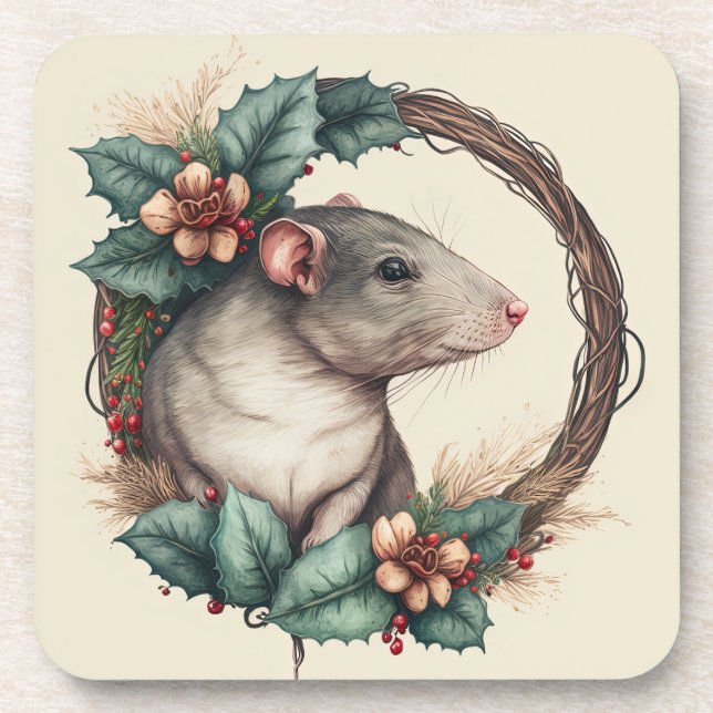 Sweet Festive Pet Rat Holidays/Christmas Coaster (Front)