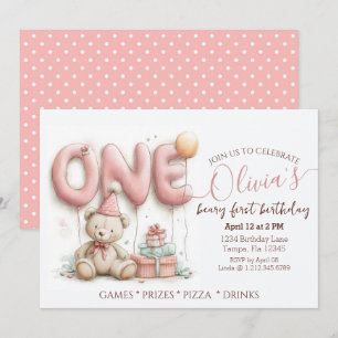 Sweet First Birthday Invitation with Teddy Bear 