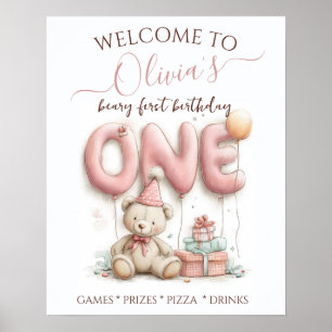 Sweet First Birthday with Teddy Bear Poster