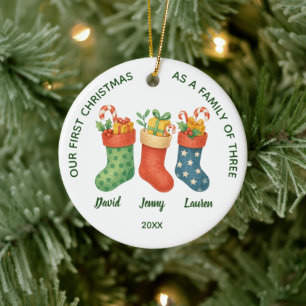 Sweet First Christmas Family of Three Photo Ceramic Tree Decoration