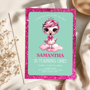 Sweet Flamingo Princess Turning One Birthday Invitation