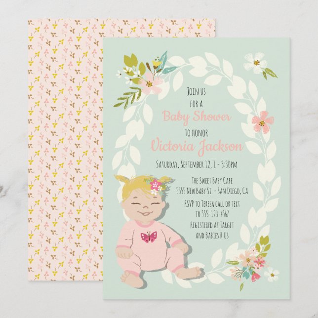 Sweet floral blonde baby shower invitations (Front/Back)