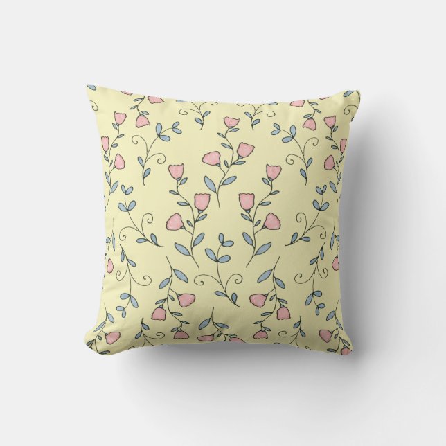 Sweet Floral Boho Blush Pink Lavender on Yellow Cushion (Front)