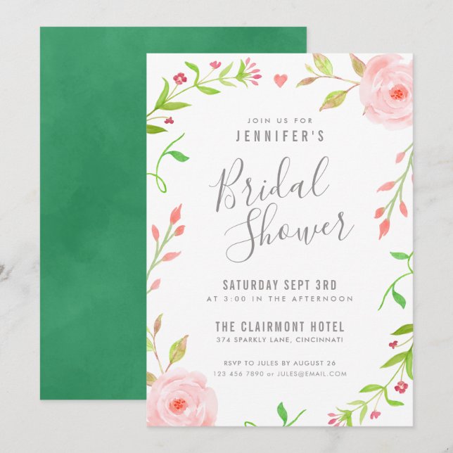 Sweet Floral Bridal Shower Invitation Pink & Green (Front/Back)