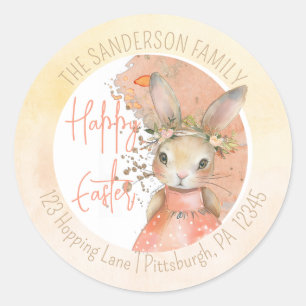 Sweet Floral Bunny Happy Easter Return Address Classic Round Sticker
