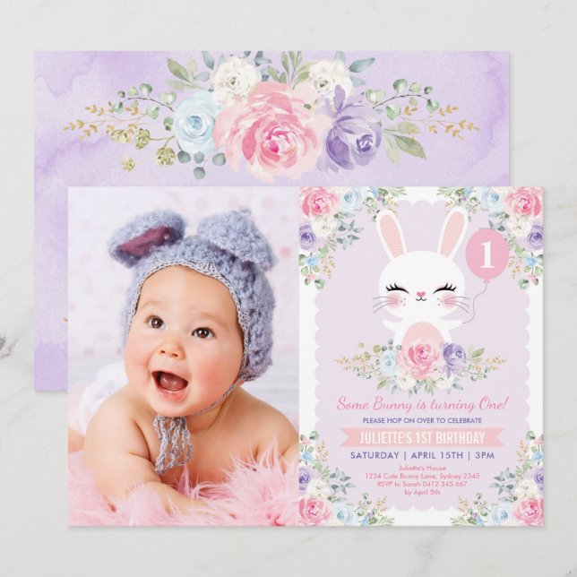 Sweet Floral Bunny Rabbit Girl Birthday Party Invitation (Front/Back)