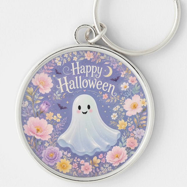 Sweet Floral Ghost Halloween Charm Key Ring (Front)