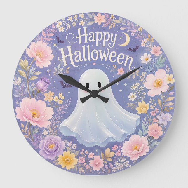 Sweet Floral Ghost Halloween Charm Large Clock (Front)