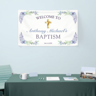Sweet Floral Gold Cross Baby Christening Welcome Banner