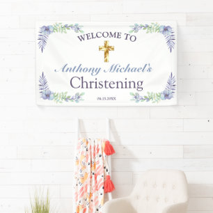 Sweet Floral Gold Cross Baby Christening Welcome Banner