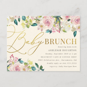 Sweet Floral Gold Script Baby Brunch Invitation Postcard