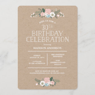 Sweet Floral Kraft   Birthday Party Invitation