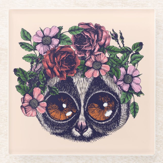Sweet Floral Lemur Glass Coaster (Front)