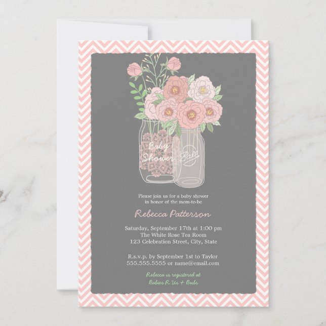 Sweet Floral Mason Jar Pink Baby Shower Invitation (Front)