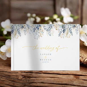Sweet Floral Pattern Dusty Blue Gold Foil ID1045 Guest Book