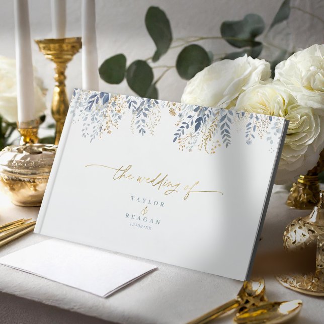 Sweet Floral Pattern Dusty Blue Gold ID1045 Guest Book (Creator Uploaded)