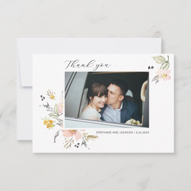 Sweet Floral Photo Thank You Wedding Card (Front)