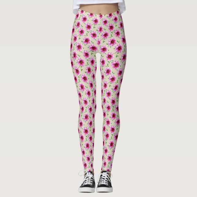 Sweet Floral Pink Garden Flower Pattern Leggings (Front)