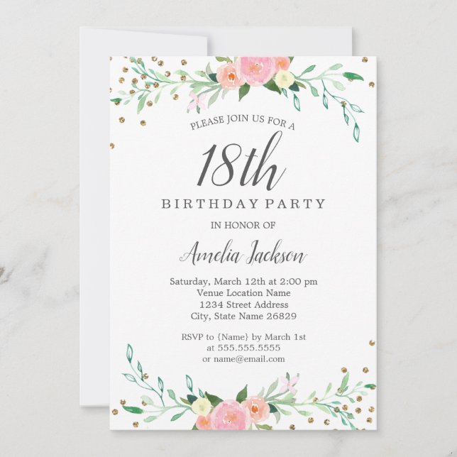 Sweet Floral Sparkle Confetti 18th Birthday Party Invitation (Front)