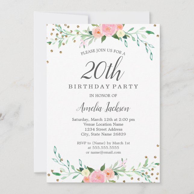 Sweet Floral Sparkle Confetti 20th Birthday Party Invitation (Front)