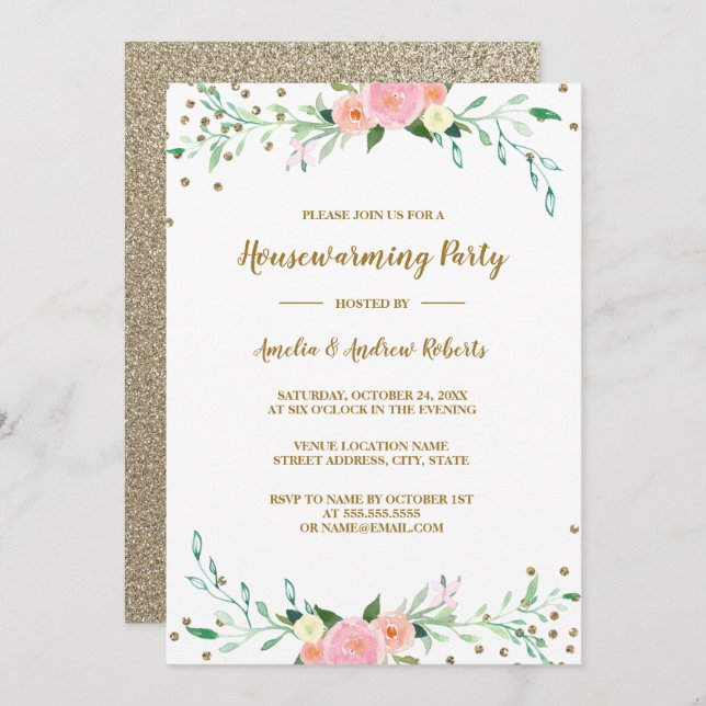 Sweet Floral Sparkle Confetti Housewarming Party Invitation (Front/Back)