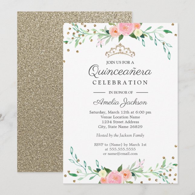Sweet Floral Sparkle Confetti Quinceanera Invitation (Front/Back)