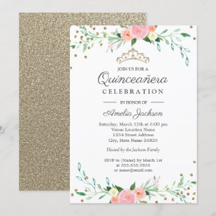 Sweet Floral Sparkle Confetti Quinceanera Invitation