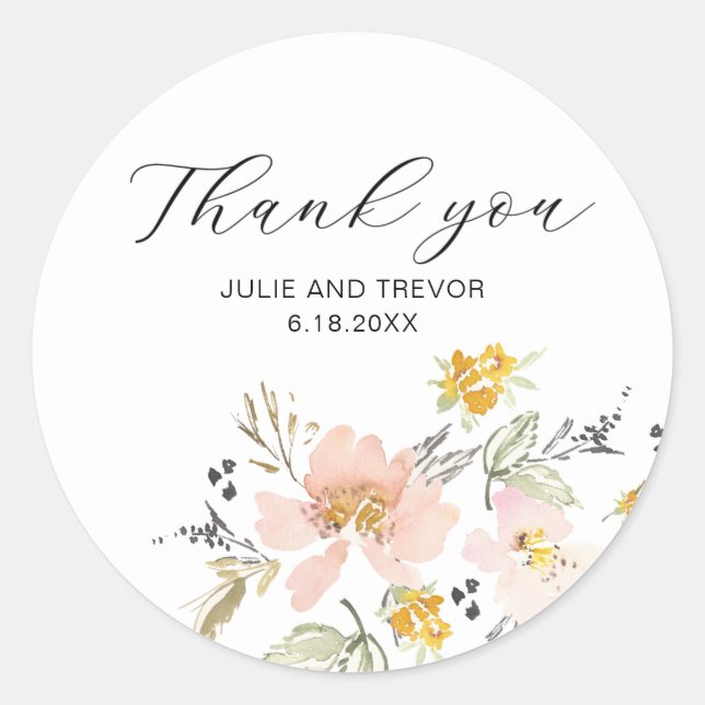 Sweet Floral Watercolor Wedding Thank You Sticker (Front)