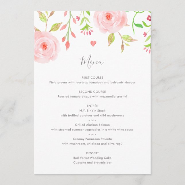 Sweet Floral Wedding Menu Card in Pink & Green (Front)