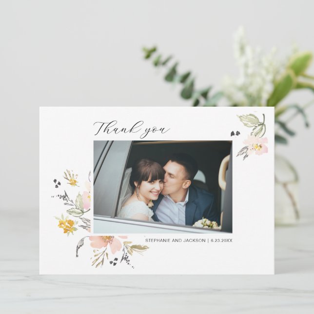 Sweet Floral Wedding Photo Thank You Card (Standing Front)