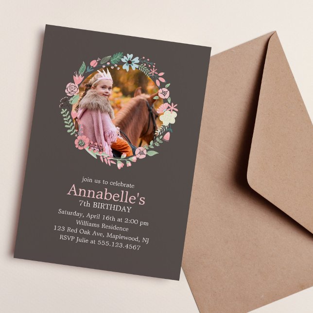 Sweet Floral Wreath Custom Photo Birthday Party Invitation (Creator Uploaded)