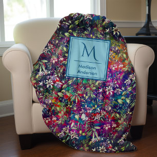 Sweet flowers and leaves red black monogram floral fleece blanket