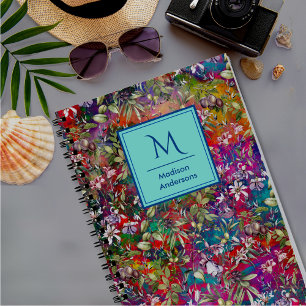Sweet flowers leaves red monogram floral pattern notebook