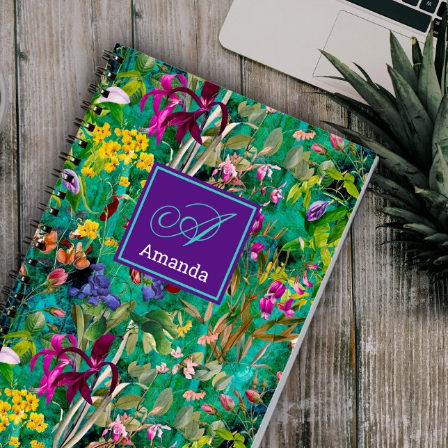 Sweet flowers leaves turquoise monogram pattern notebook (Creator Uploaded)