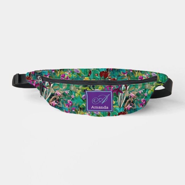 Sweet flowers leaves turquoise monogram printed bum bags (Front)